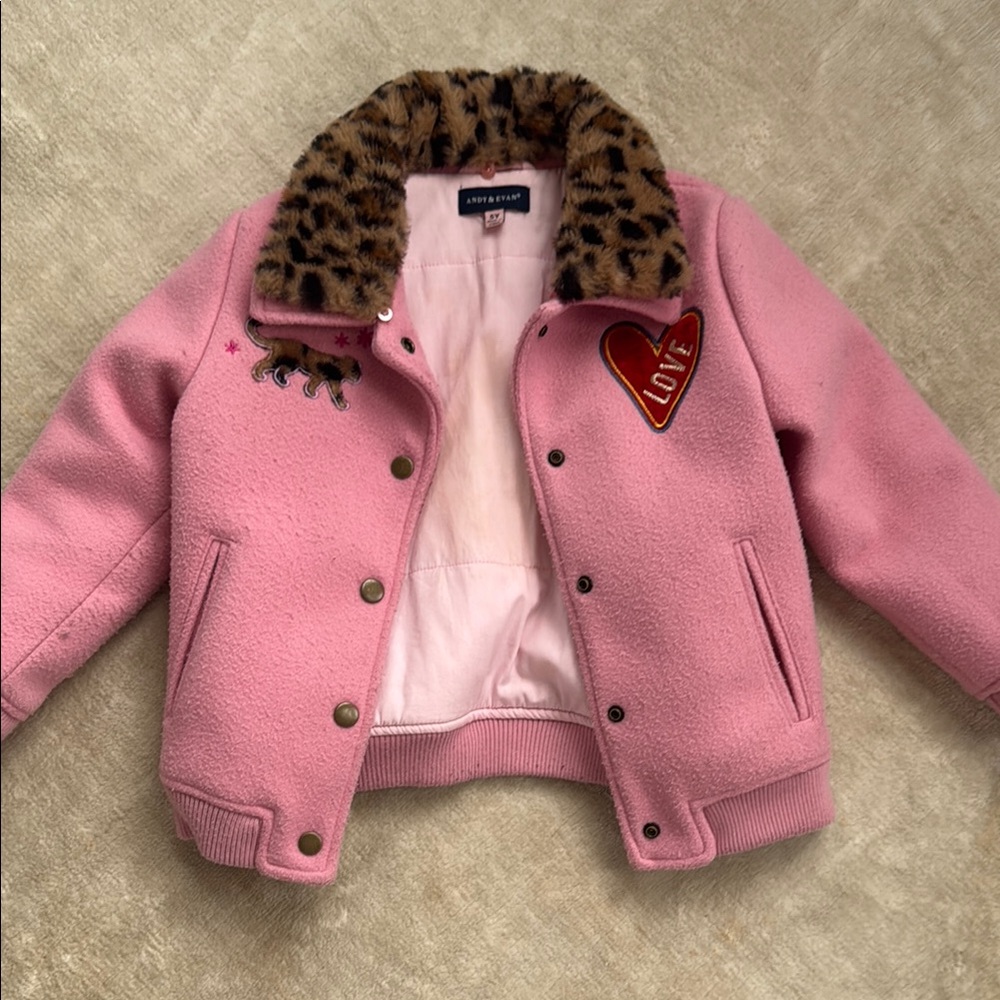 Andy & Evan Pink Puffer Jacket with Leopard Collar